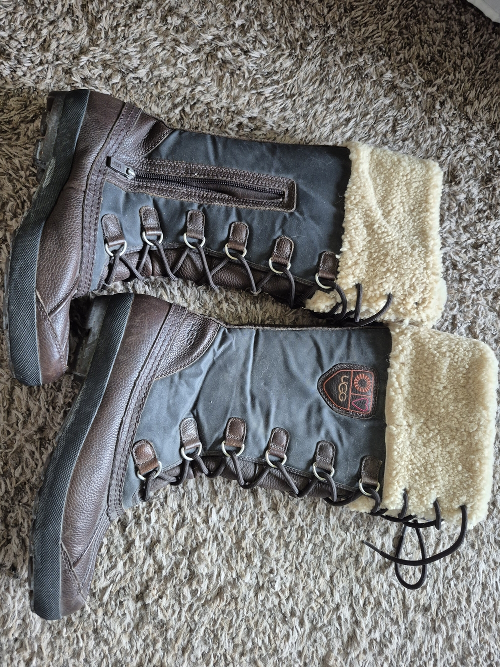 UGG Sheepskin-Lined Lace-Up Winter Boots in Dark Brown